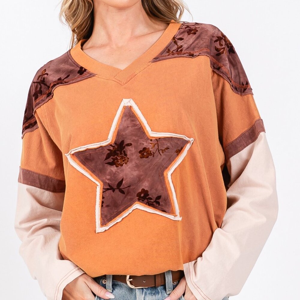 Star Patch Long Sleeve Color Block T-Shirt